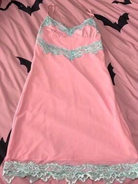 Tiger Mist Pink Slip Dress with Blue Lace Trim